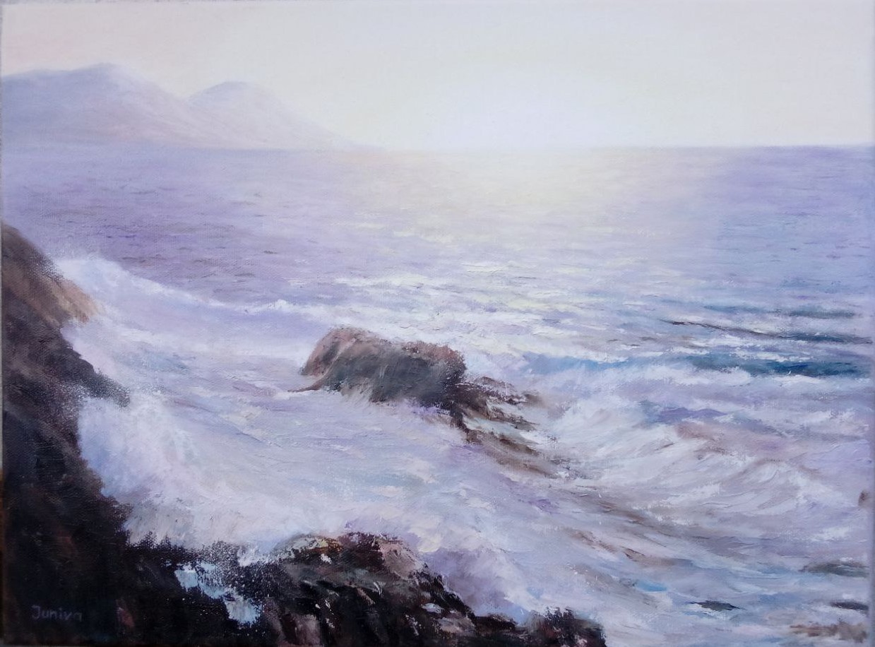 Painting of the lilac sunrise in the sea