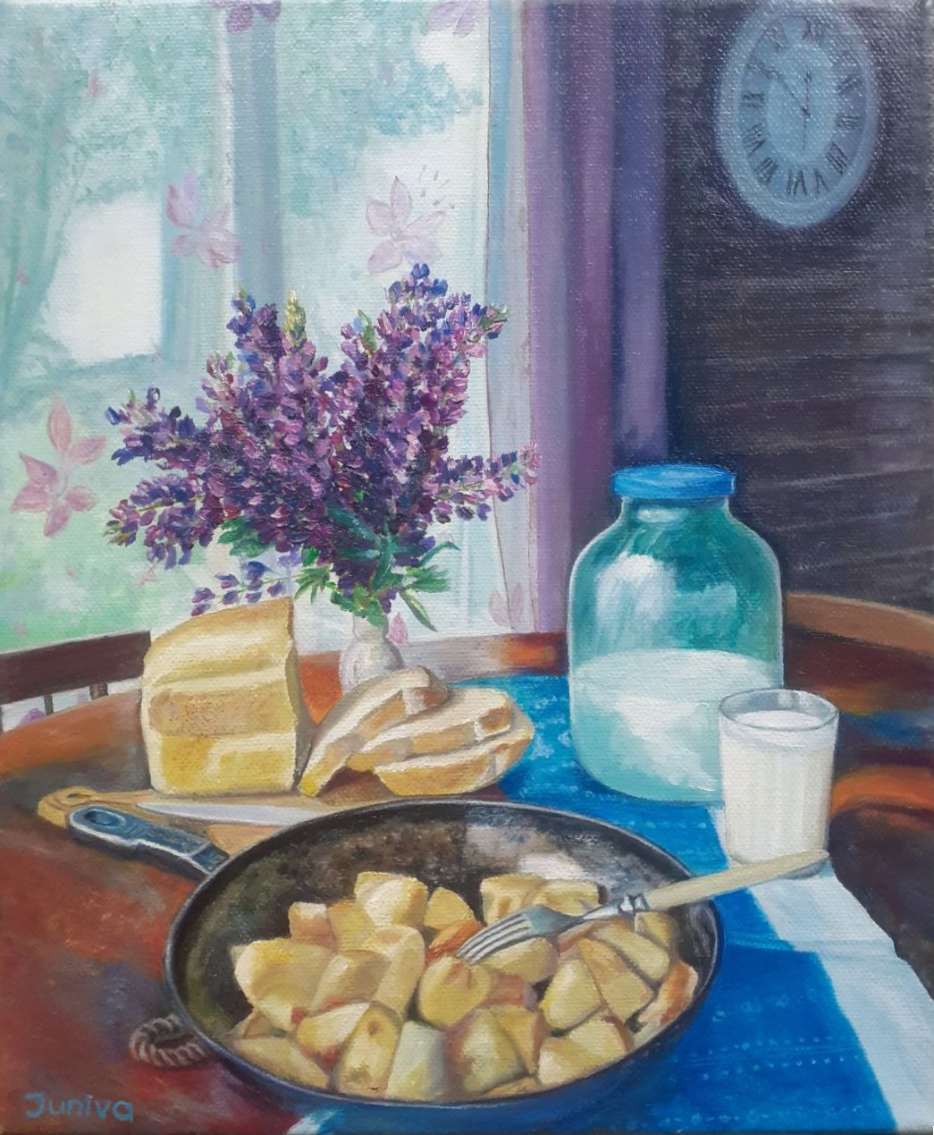 Painting of a Ukrainian village breakfast.