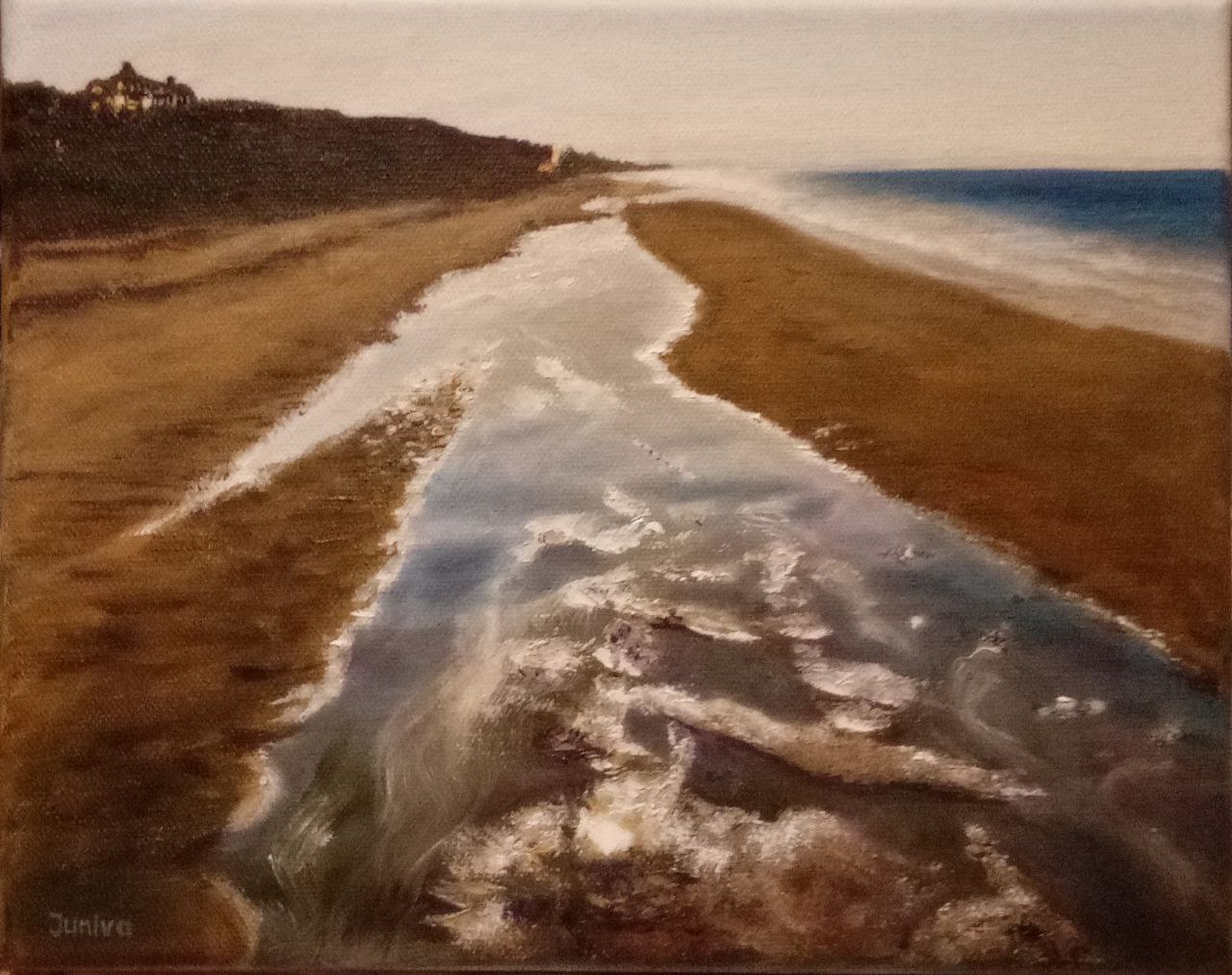 Painting of a beach and the blue sea