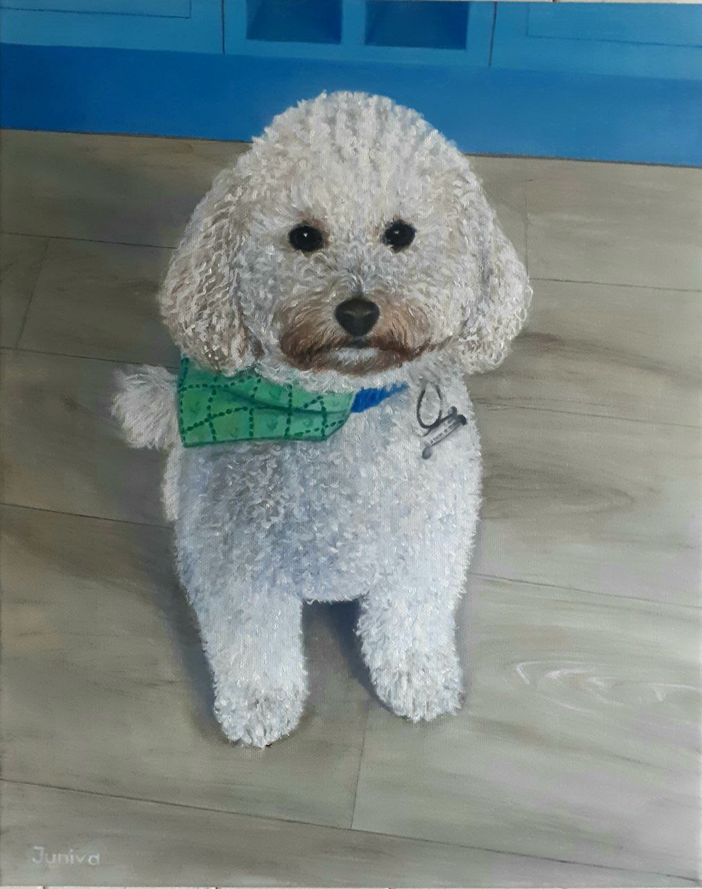 The white poodle in the kitchen