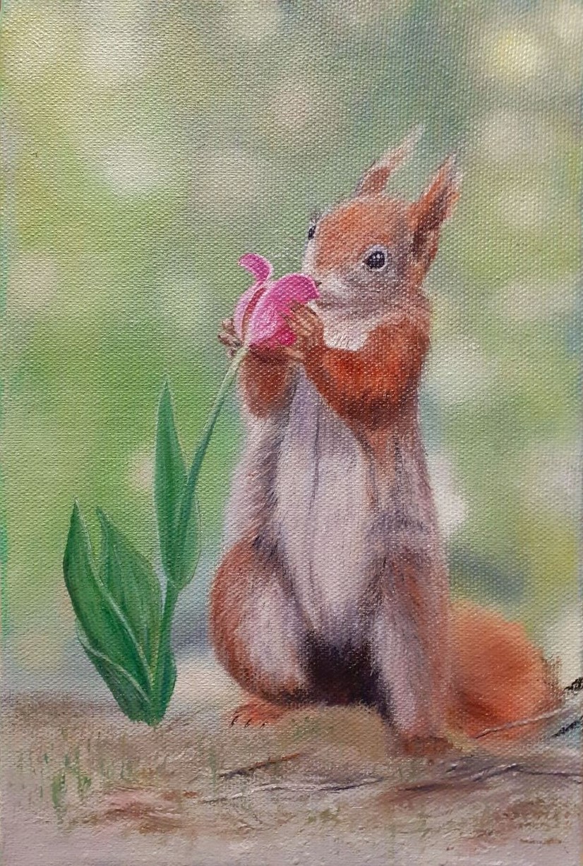 The Squirrel with a tulip.