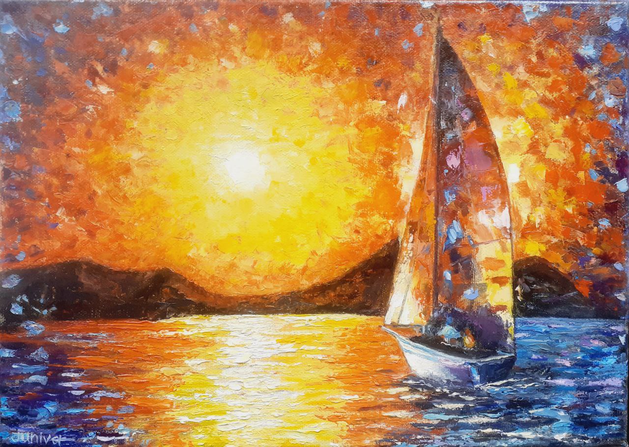 Abstract painting of the sailboat in the sunset