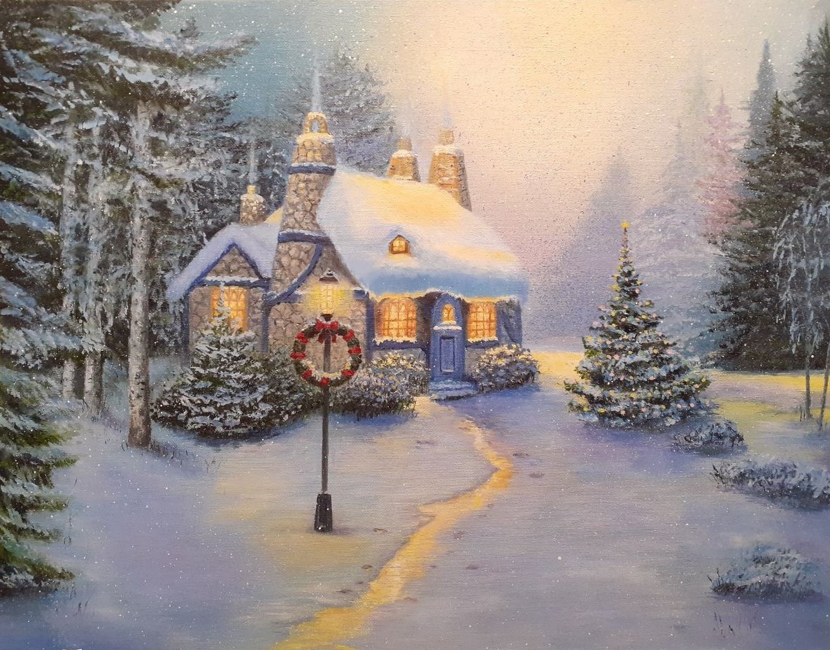 A little house in the forest by Thomas Kinkade (a copy)