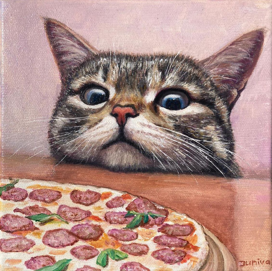 A cat and a pizza