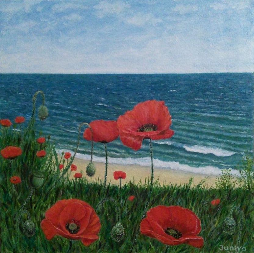 Painting of red Poppies near the sea